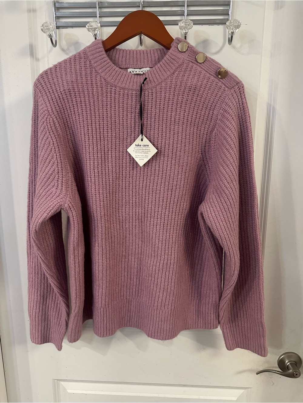 Ava & Viv Mauve Ribbed Crewneck Sweater with Shoulder Buttons